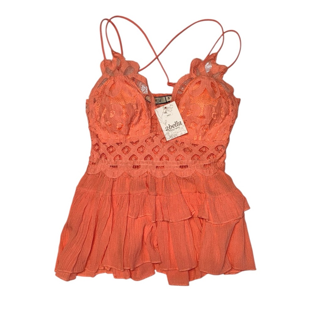 2Bella Boutique NWT Crochet Bralette Ruffle Peplum Coral Top, Small
